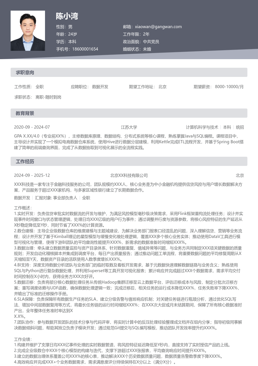 高级数据开发高效简历模板 - 包含工作经历、项目经验的数据开发简历模板预览图