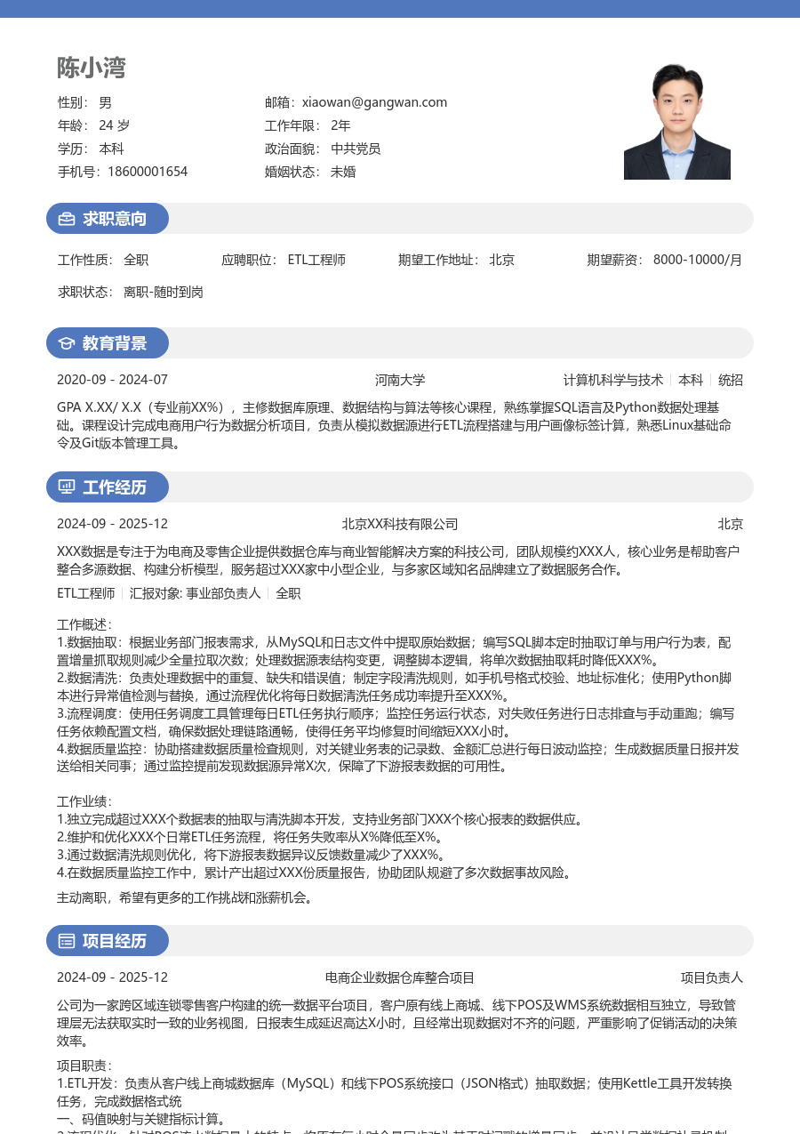 应届生ETL工程师清晰简历模板