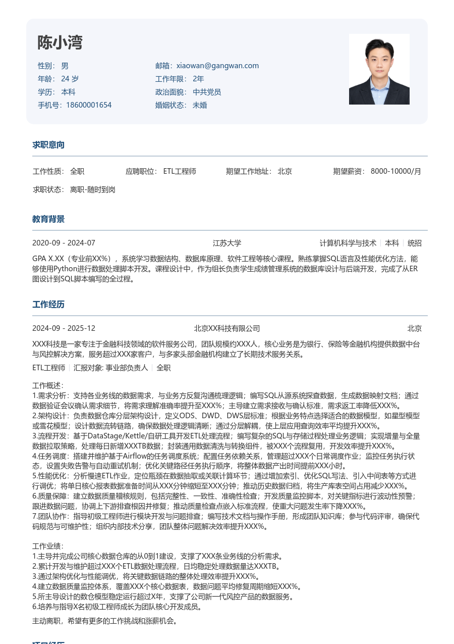 资深ETL工程师素净简历模板