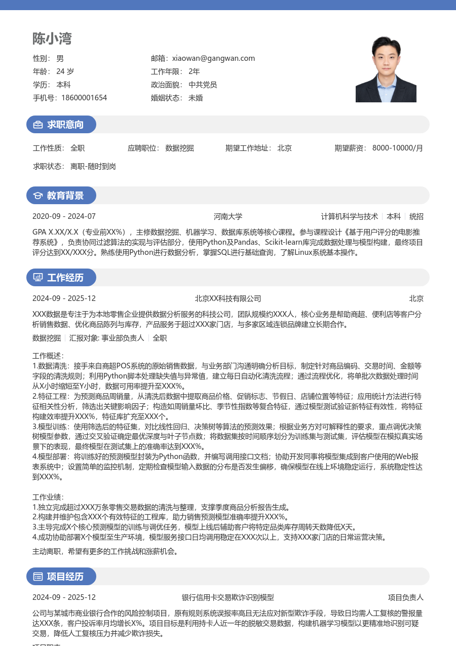 在校生数据挖掘商务简历模板