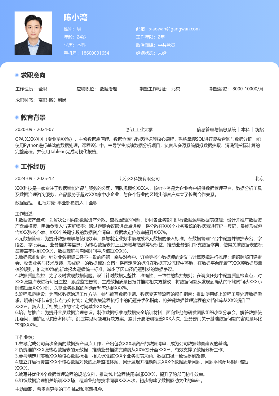 初级数据治理利落简历模板