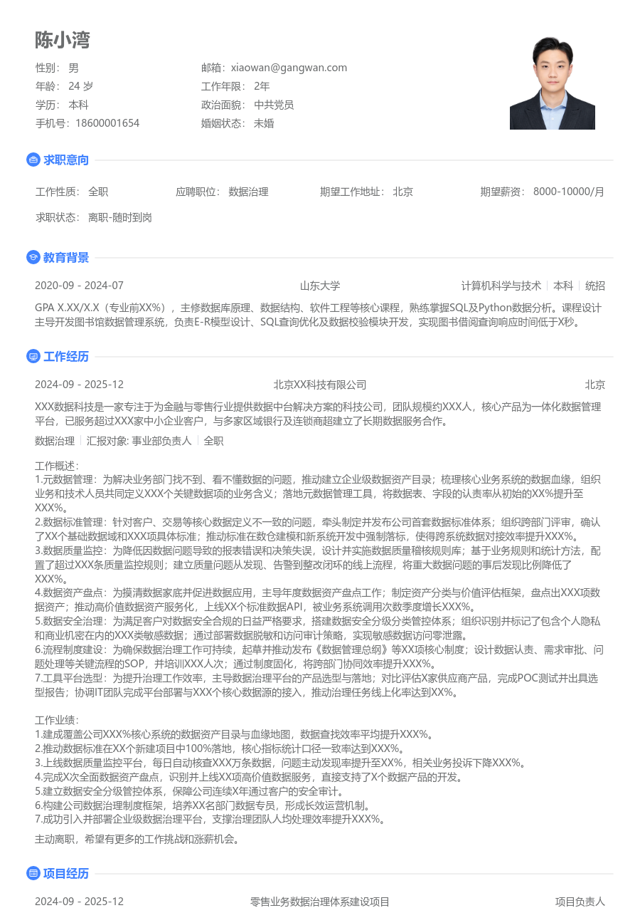 资深数据治理清爽简历模板