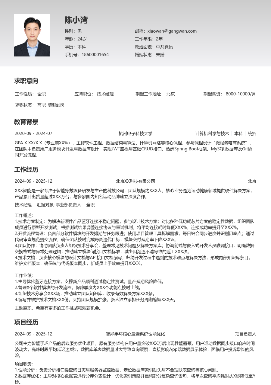 应届生技术经理精炼简历模板