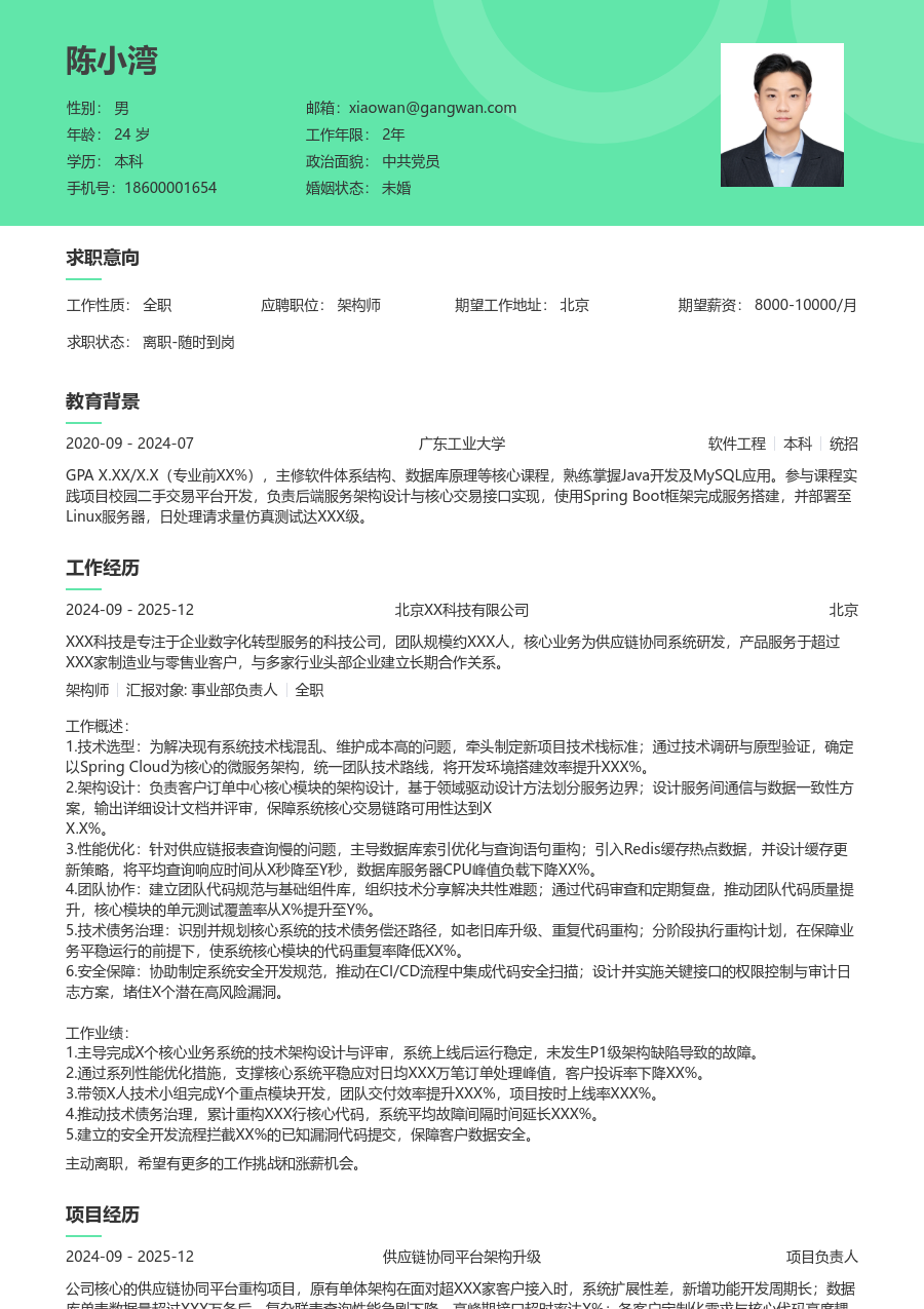 初级架构师通用简历模板