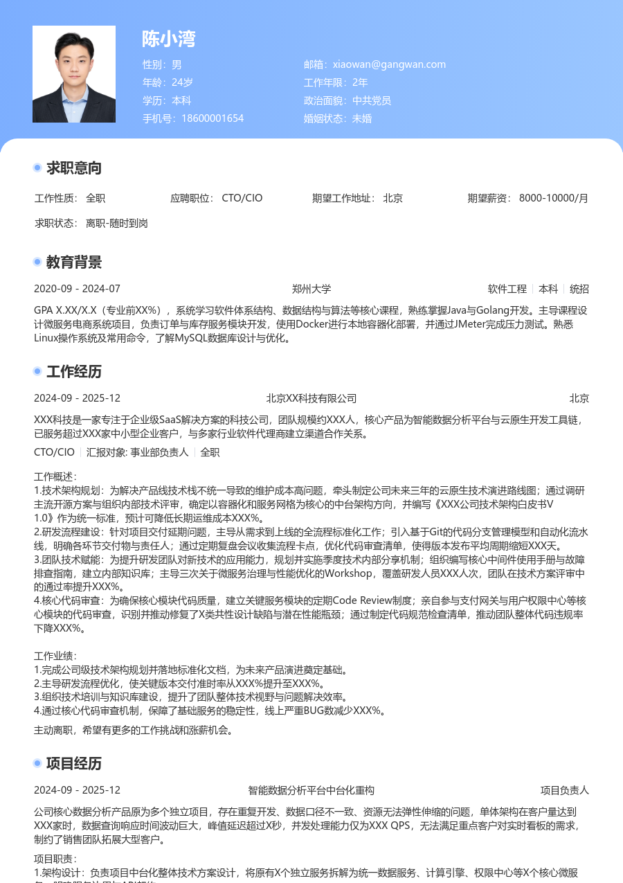 应届生CTO/CIO规范简历模板 - 包含工作经历、项目经验的CTO/CIO简历模板预览图