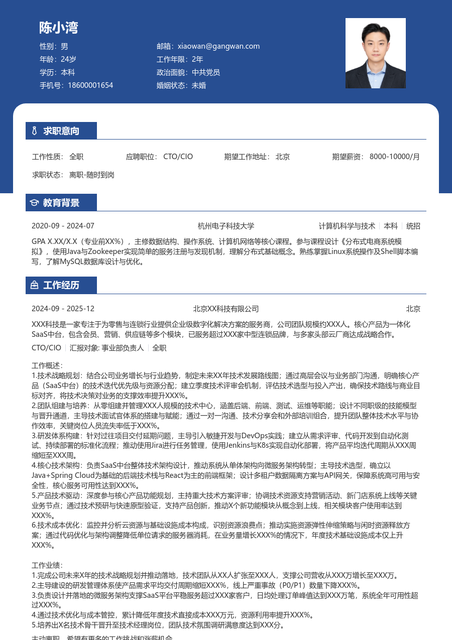 中级CTO/CIO清爽简历模板