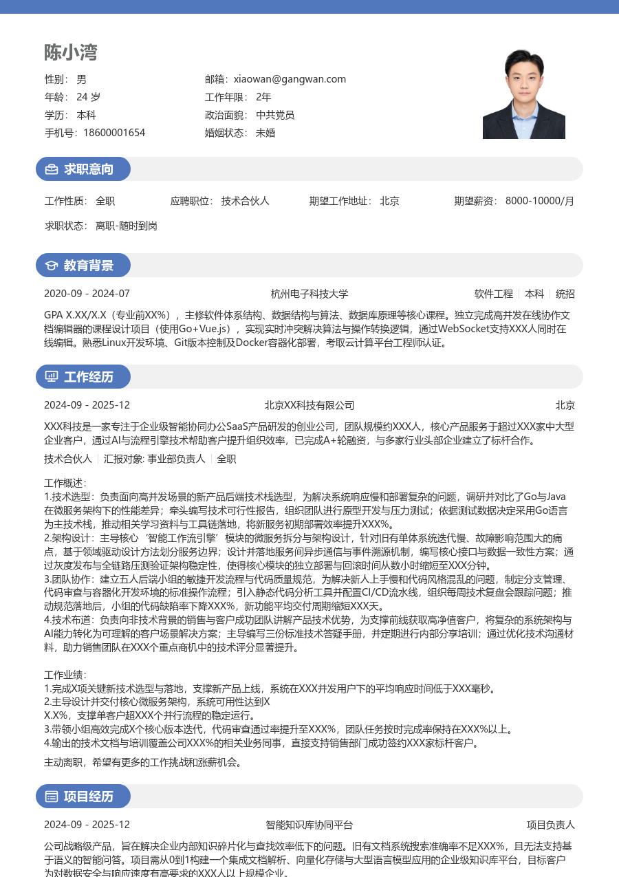 应届生技术合伙人正式简历模板 - 包含工作经历、项目经验的技术合伙人简历模板预览图