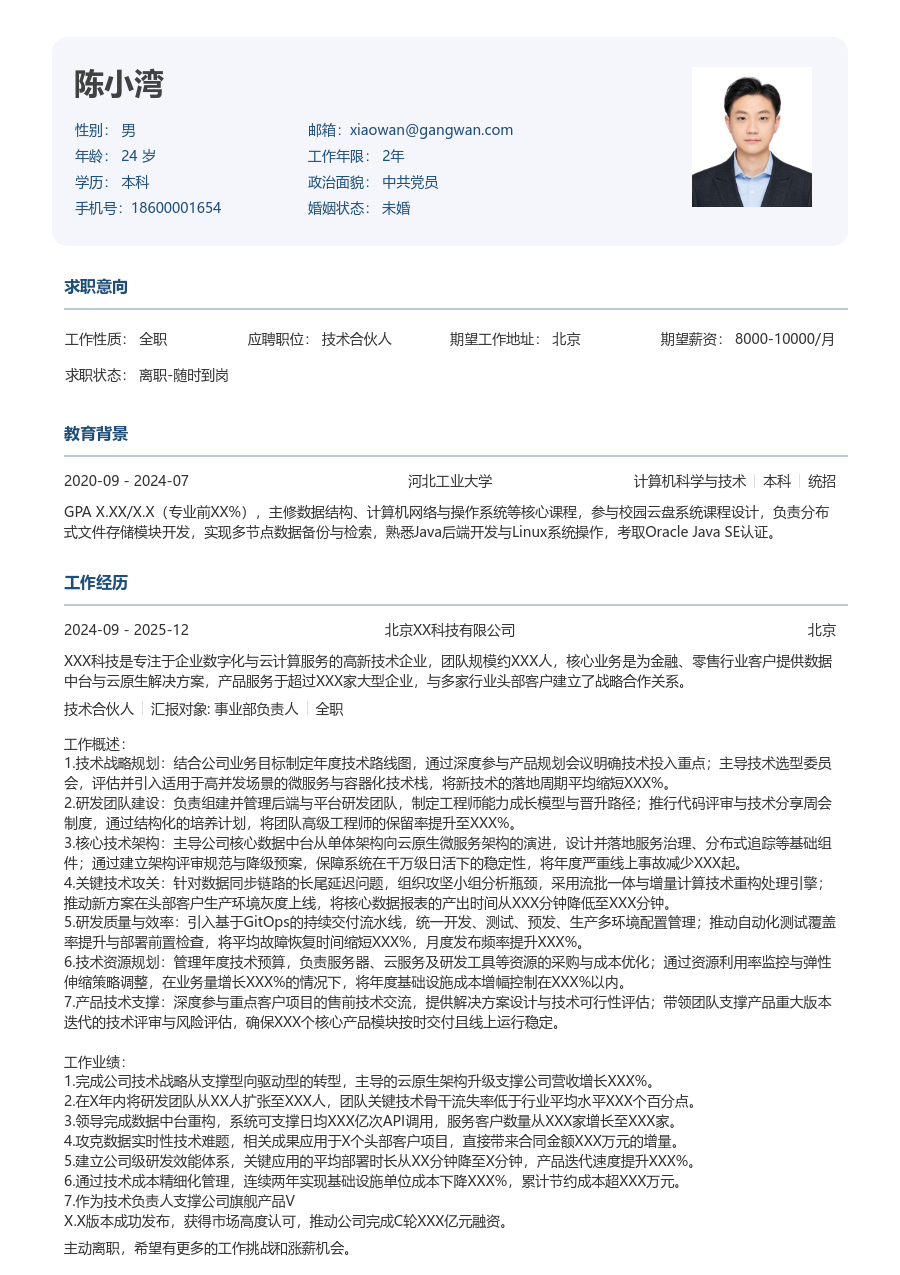 高级技术合伙人简约简历模板