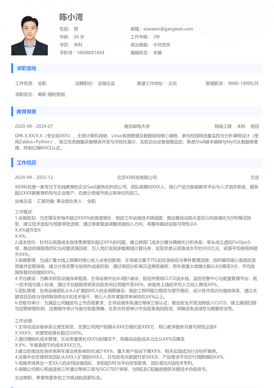 中级运维总监利落简历模板