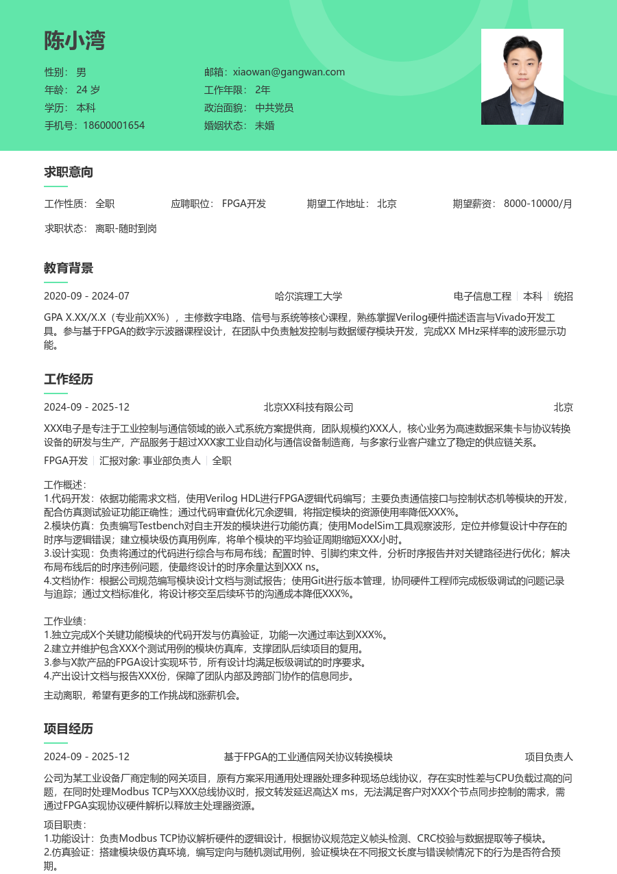 应届生FPGA开发经典简历模板 - 包含工作经历、项目经验的FPGA开发简历模板预览图