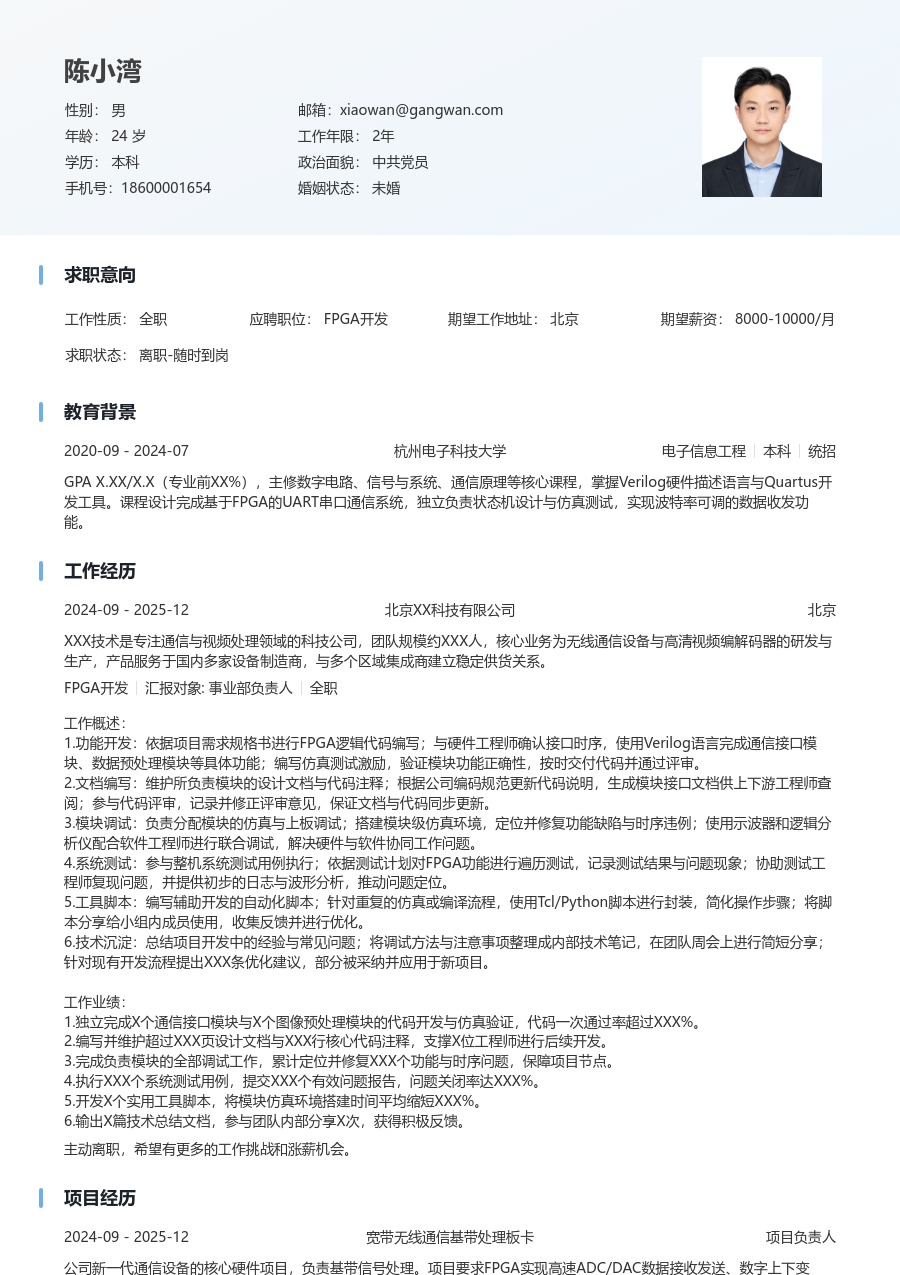 初级FPGA开发大气简历模板