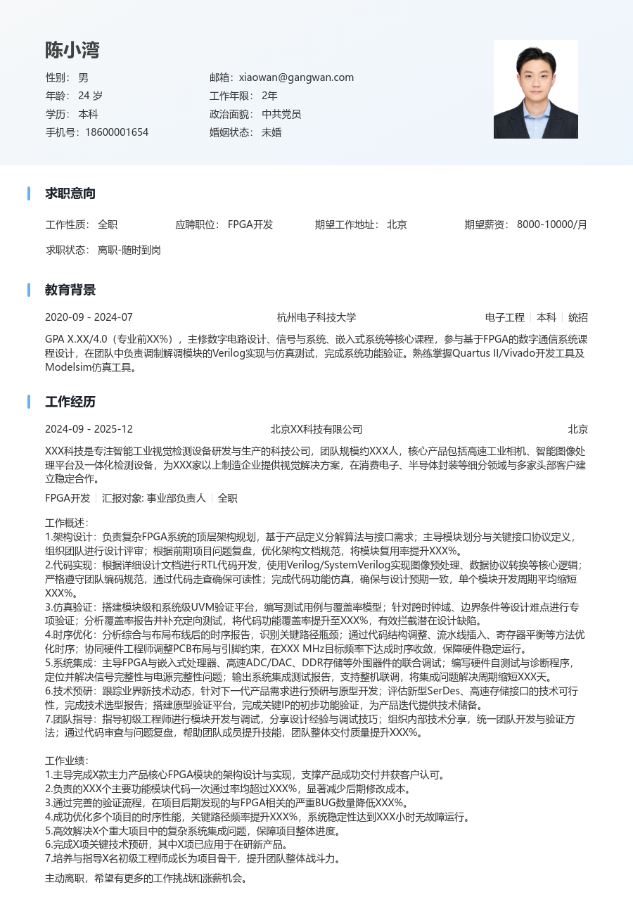 资深FPGA开发大气简历模板