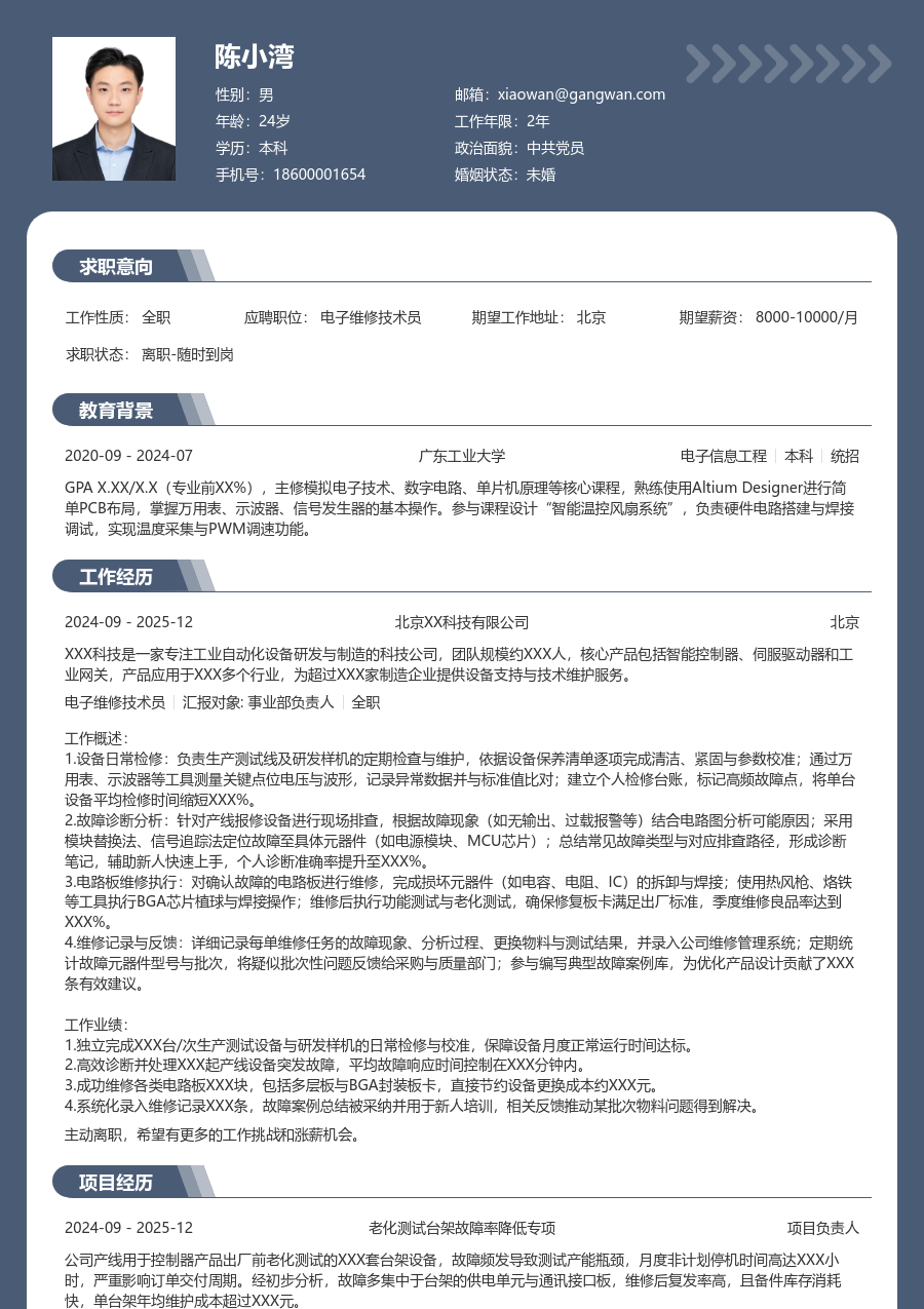 应届生电子维修技术员整洁简历模板 - 包含工作经历、项目经验的电子维修技术员简历模板预览图