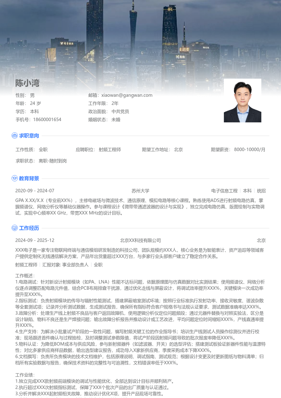 初级射频工程师干练简历模板