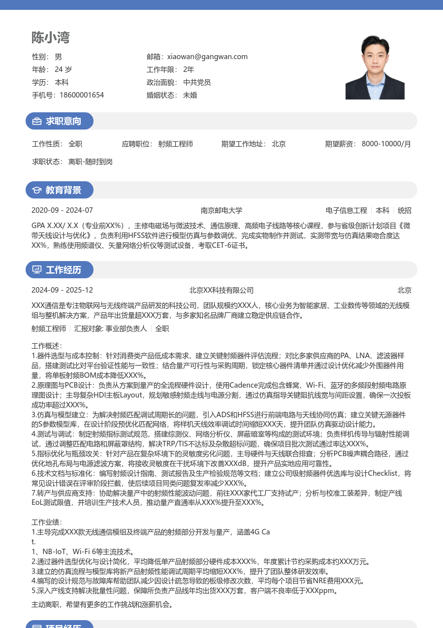 资深射频工程师正式简历模板