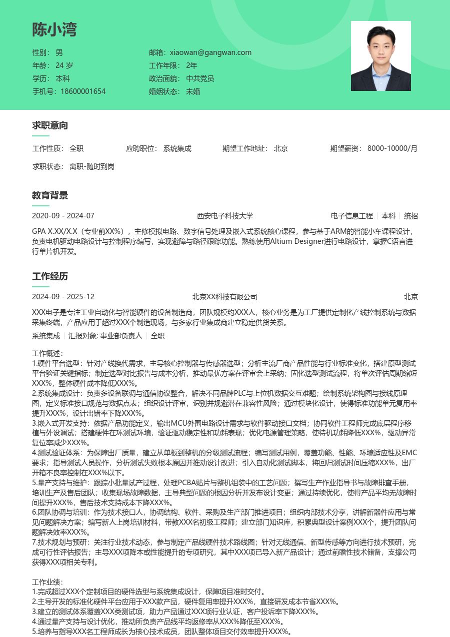 高级系统集成实用简历模板