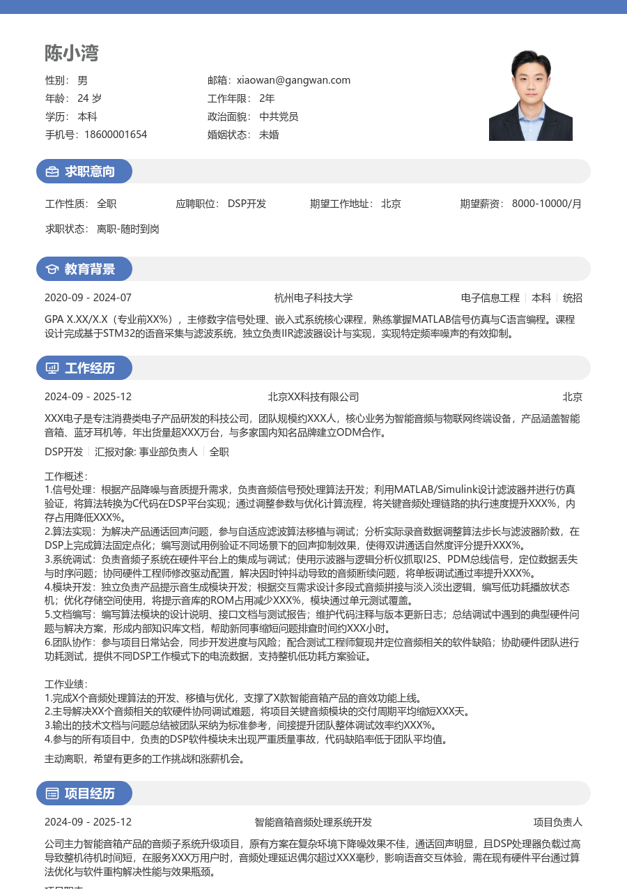 初级DSP开发专业简历模板 - 包含工作经历、项目经验的DSP开发简历模板预览图