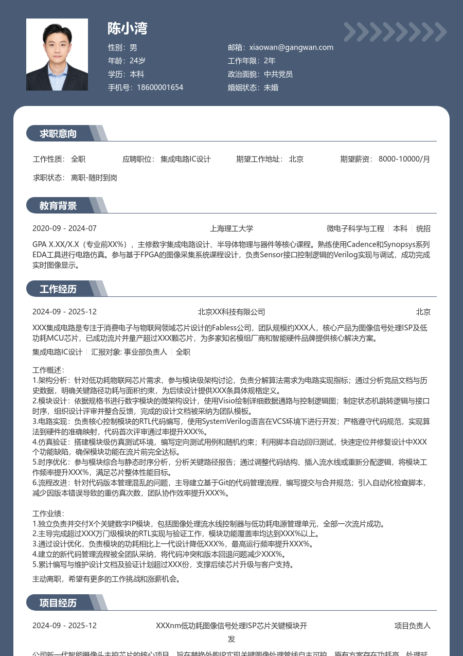 中级集成电路IC设计实用简历模板 - 包含工作经历、项目经验的集成电路IC设计简历模板预览图