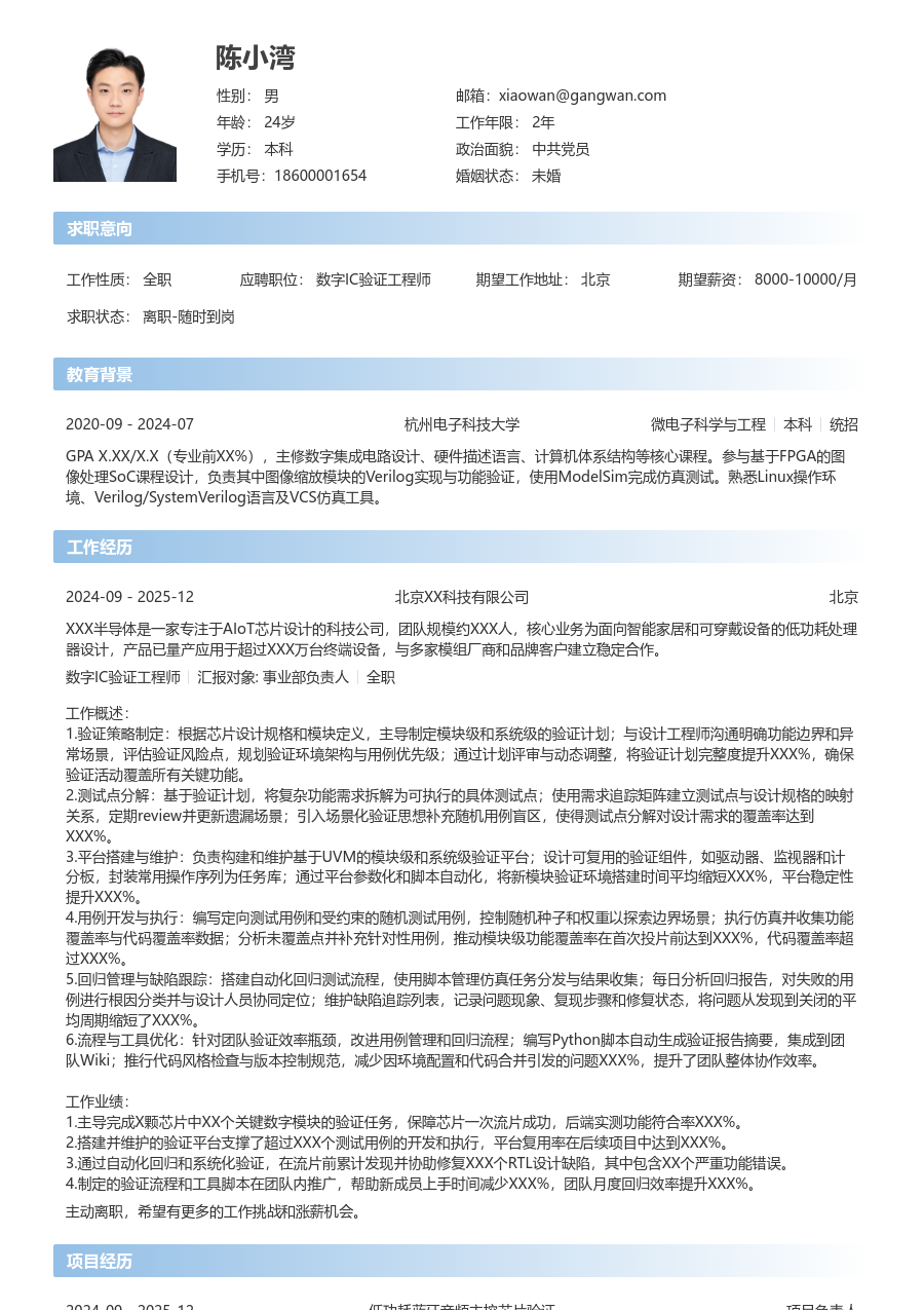中级数字IC验证工程师精致简历模板
