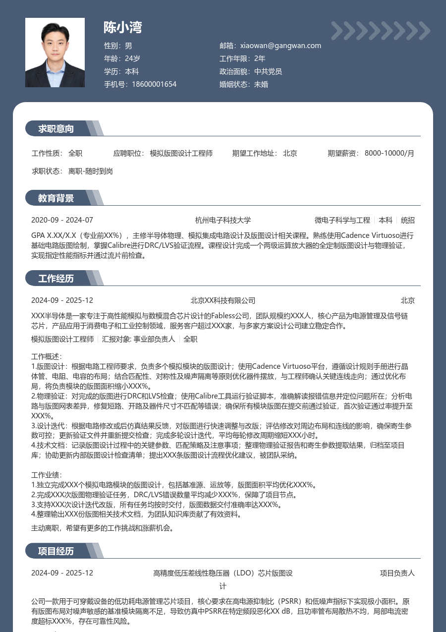 应届生模拟版图设计工程师通用简历模板 - 包含工作经历、项目经验的模拟版图设计工程师简历模板预览图