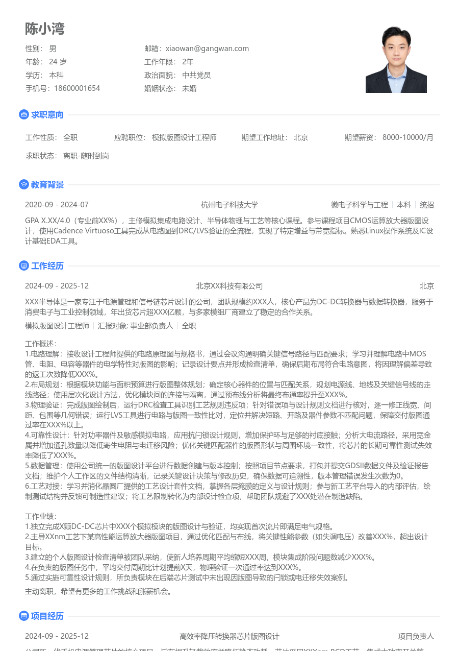 初级模拟版图设计工程师干练简历模板