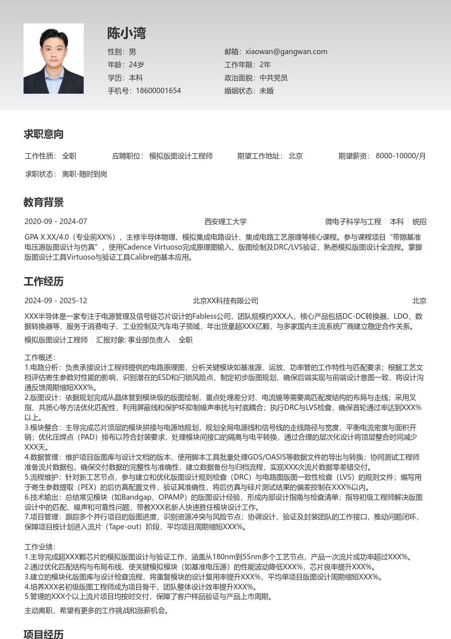 高级模拟版图设计工程师精炼简历模板