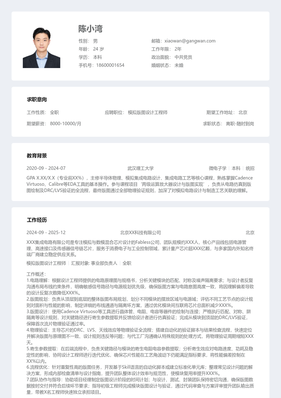资深模拟版图设计工程师沉稳简历模板