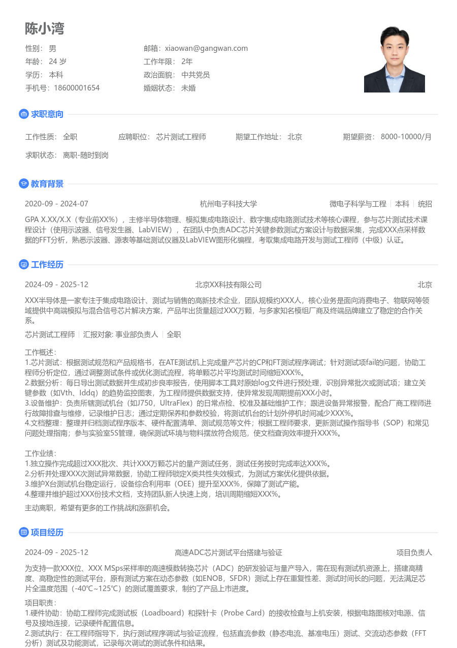 在校生芯片测试工程师朝气简历模板