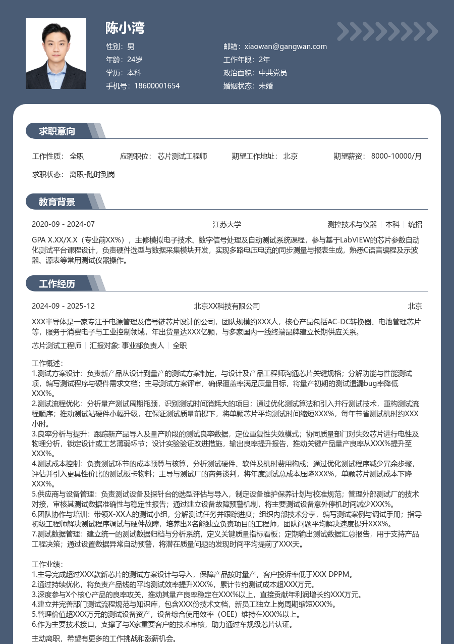 高级芯片测试工程师百搭简历模板