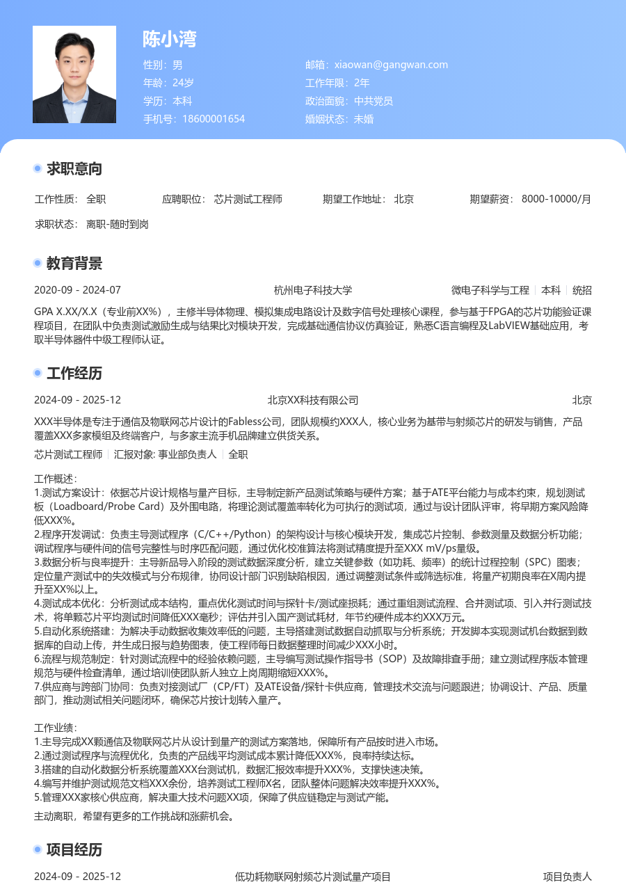 资深芯片测试工程师简约简历模板