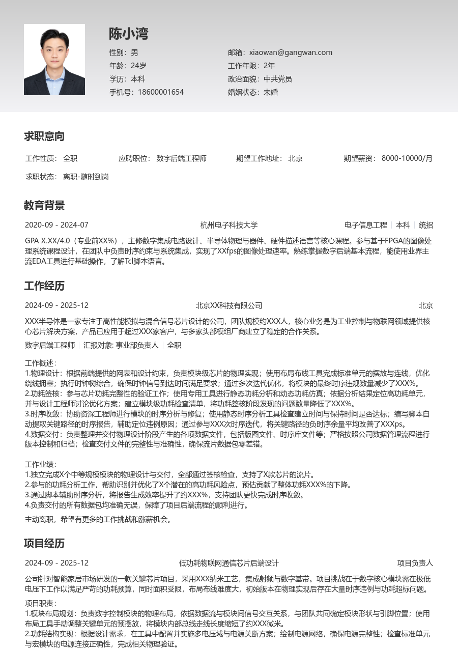 应届生数字后端工程师规范简历模板