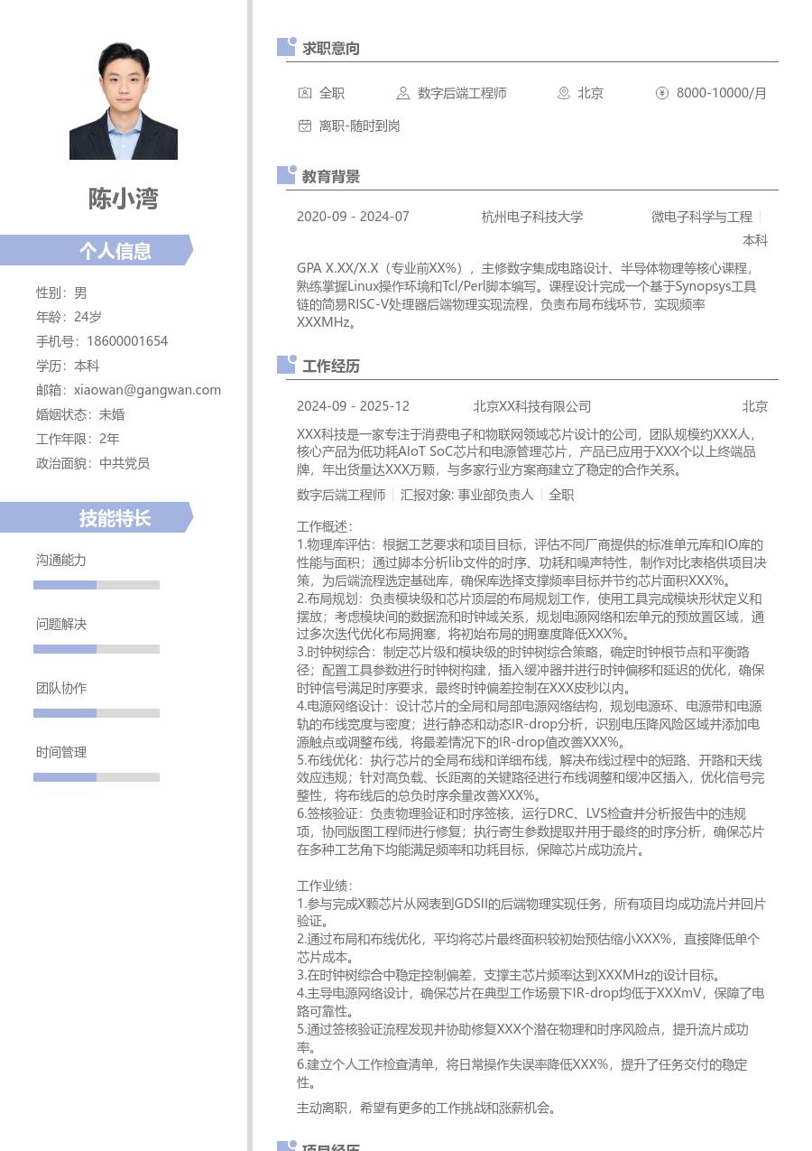 初级数字后端工程师新颖简历模板