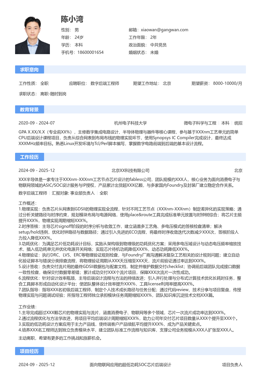 资深数字后端工程师简约简历模板