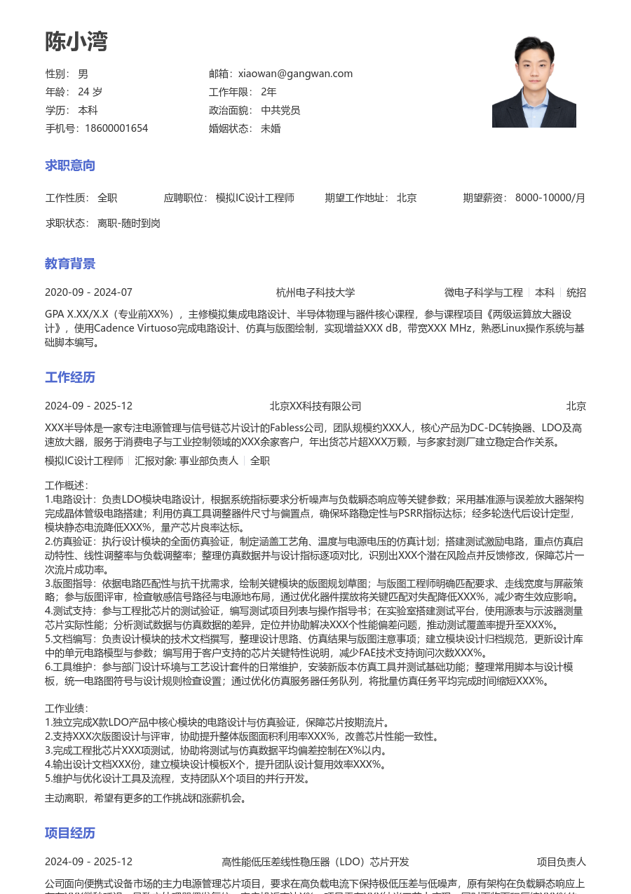 初级模拟IC设计工程师简洁简历模板 - 包含工作经历、项目经验的模拟IC设计工程师简历模板预览图