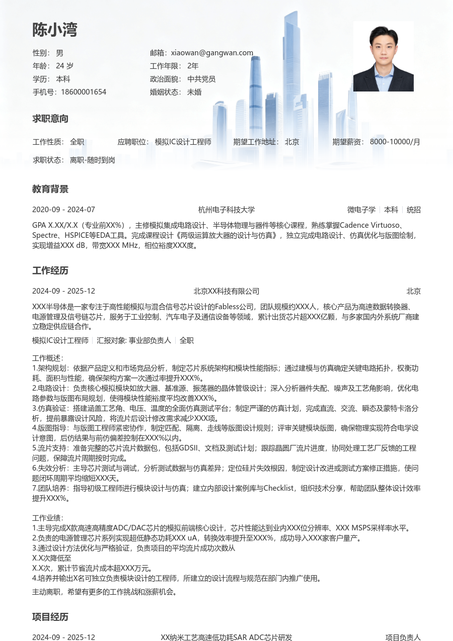 资深模拟IC设计工程师舒适简历模板