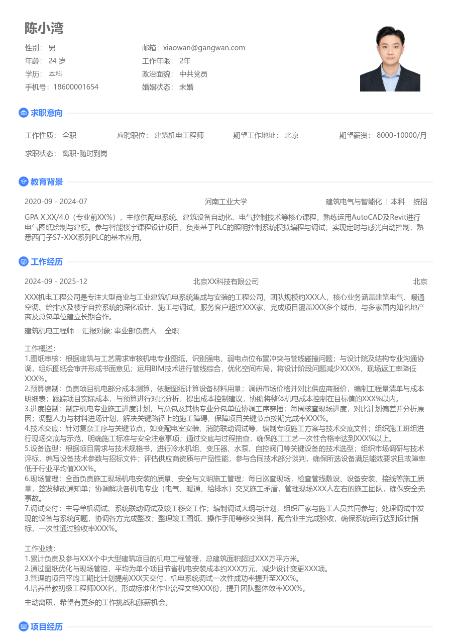 资深建筑机电工程师朝气简历模板