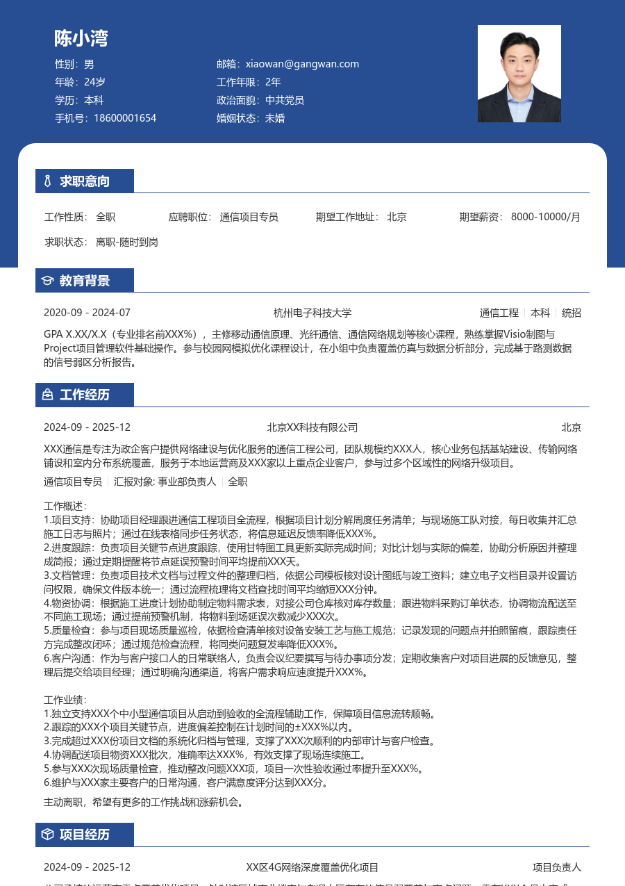 初级通信项目专员整洁简历模板 - 包含工作经历、项目经验的通信项目专员简历模板预览图
