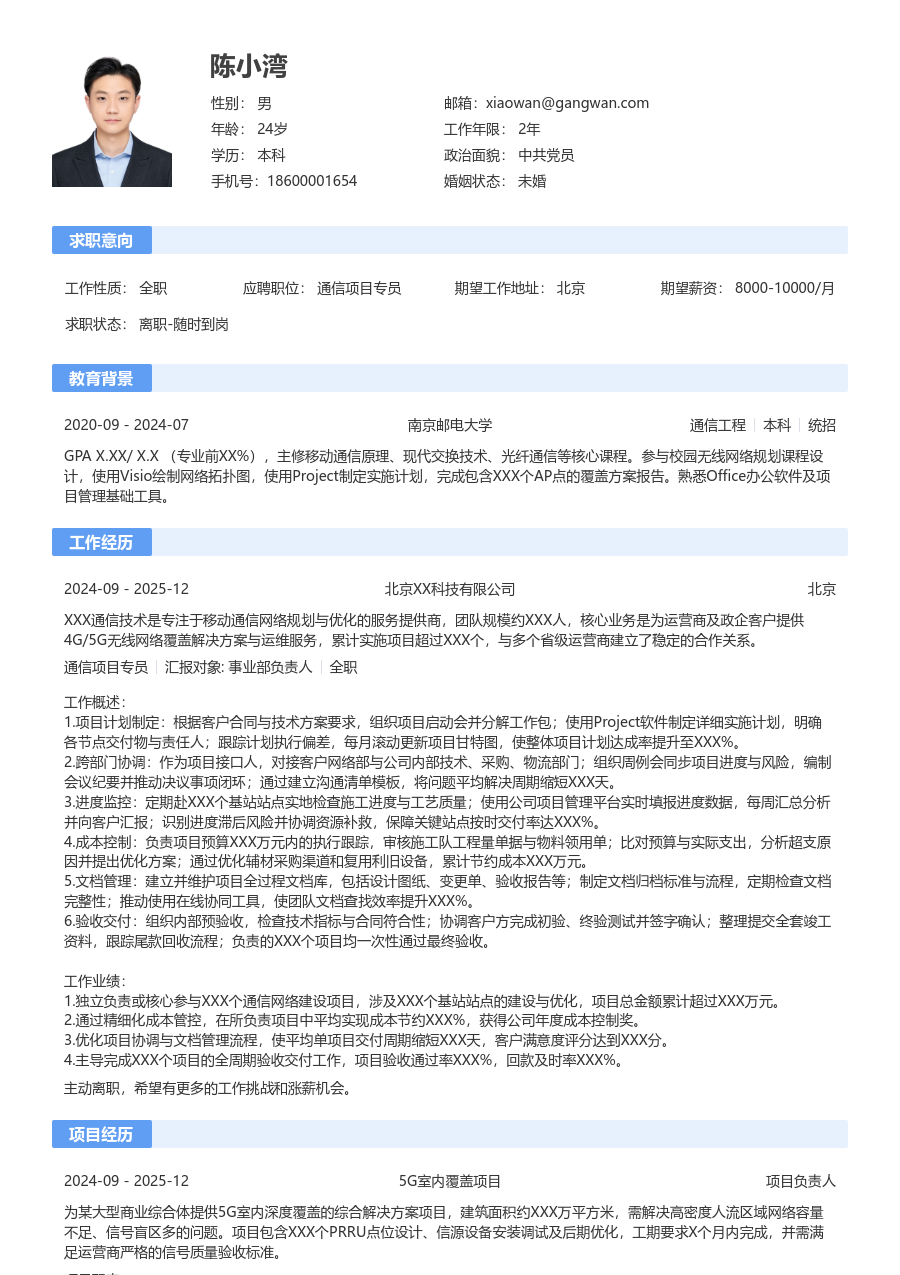中级通信项目专员舒适简历模板