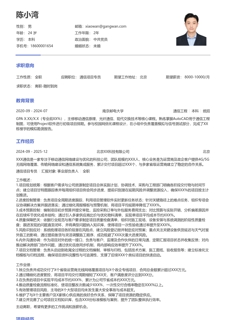 高级通信项目专员实用简历模板