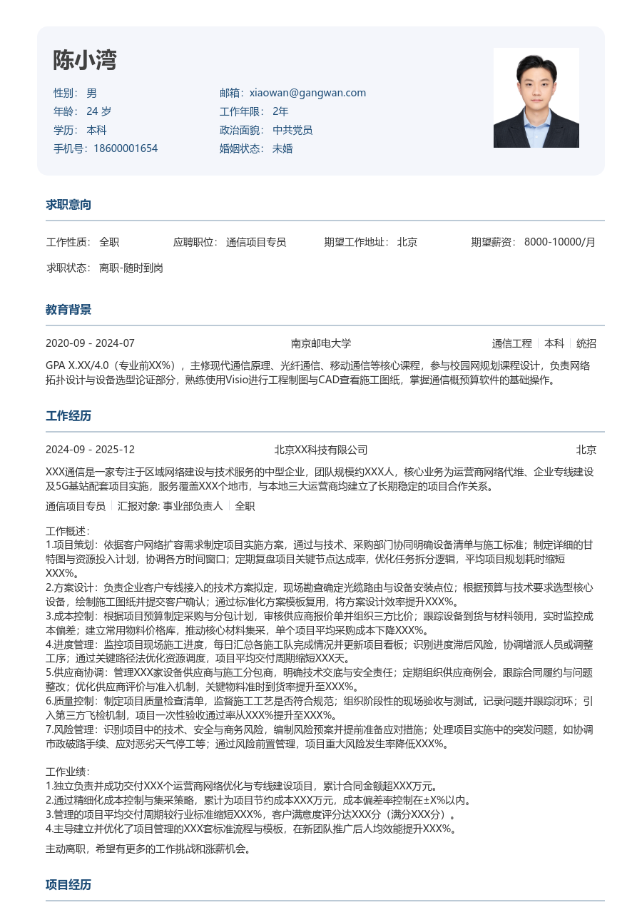 资深通信项目专员简约简历模板