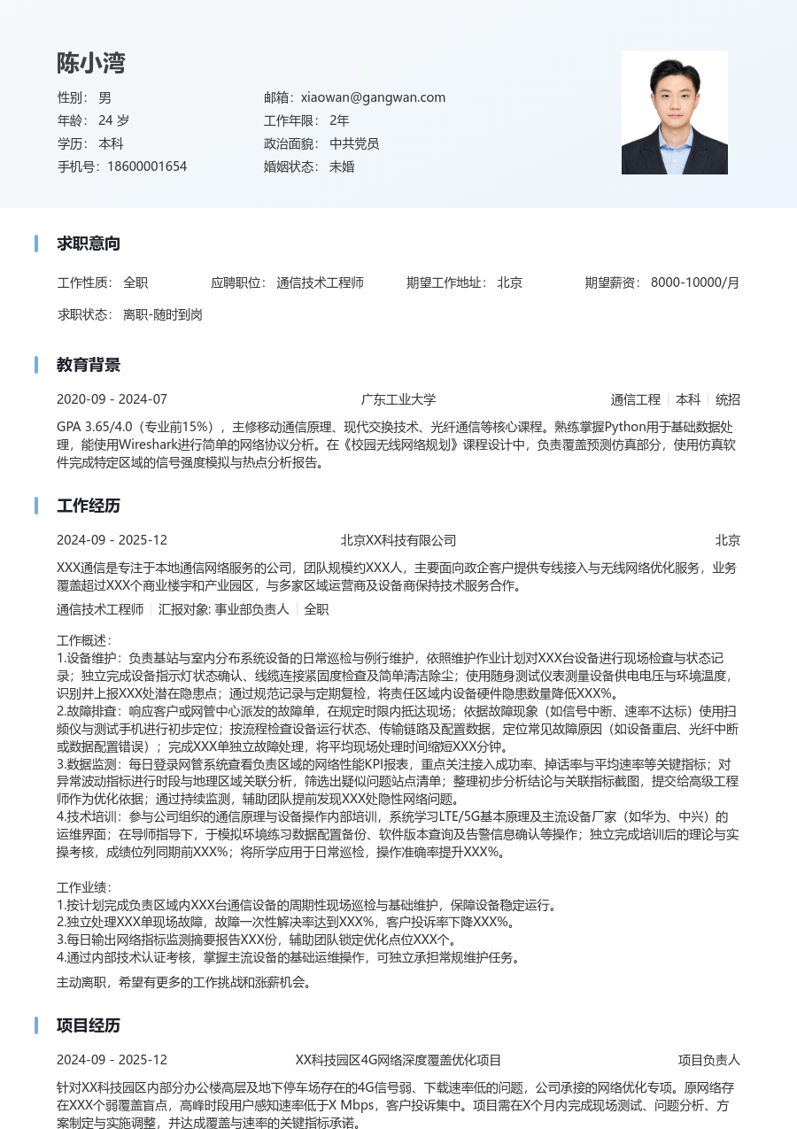 应届生通信技术工程师现代简历模板
