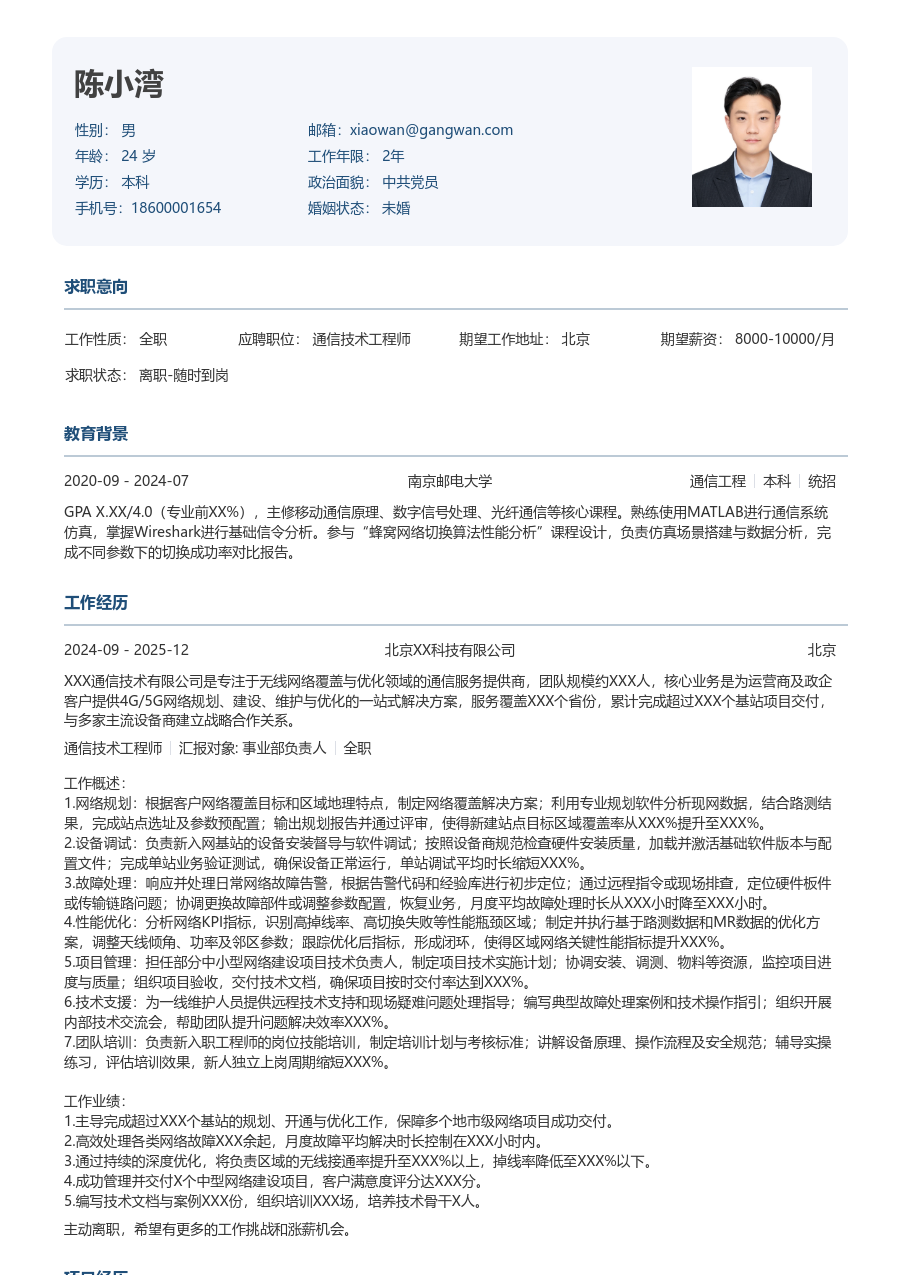 资深通信技术工程师整洁简历模板 - 包含工作经历、项目经验的通信技术工程师简历模板预览图