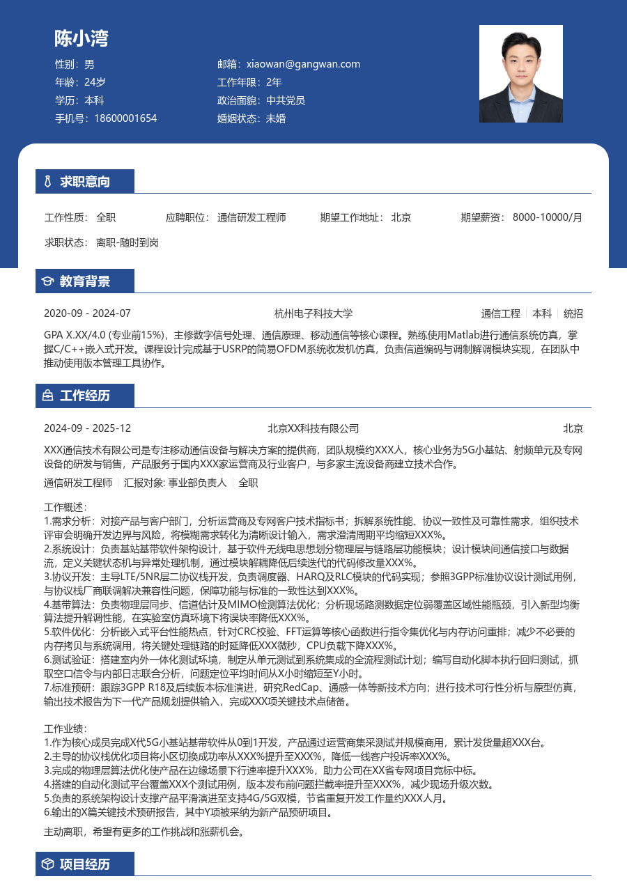高级通信研发工程师整洁简历模板
