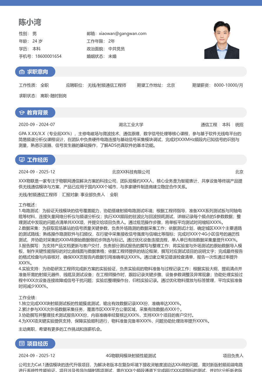 在校生无线/射频通信工程师规整简历模板 - 包含工作经历、项目经验的无线/射频通信工程师简历模板预览图