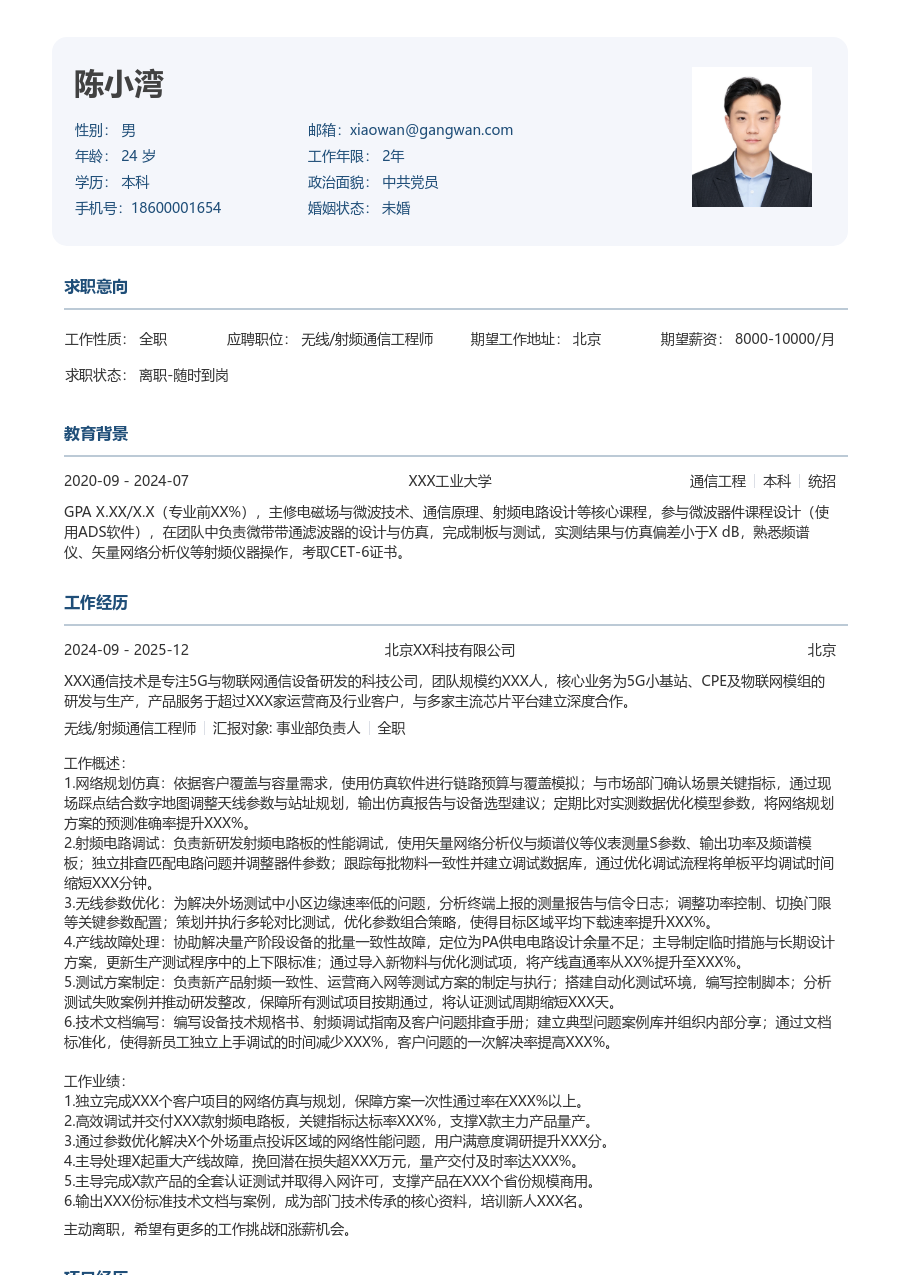 中级无线/射频通信工程师利落简历模板