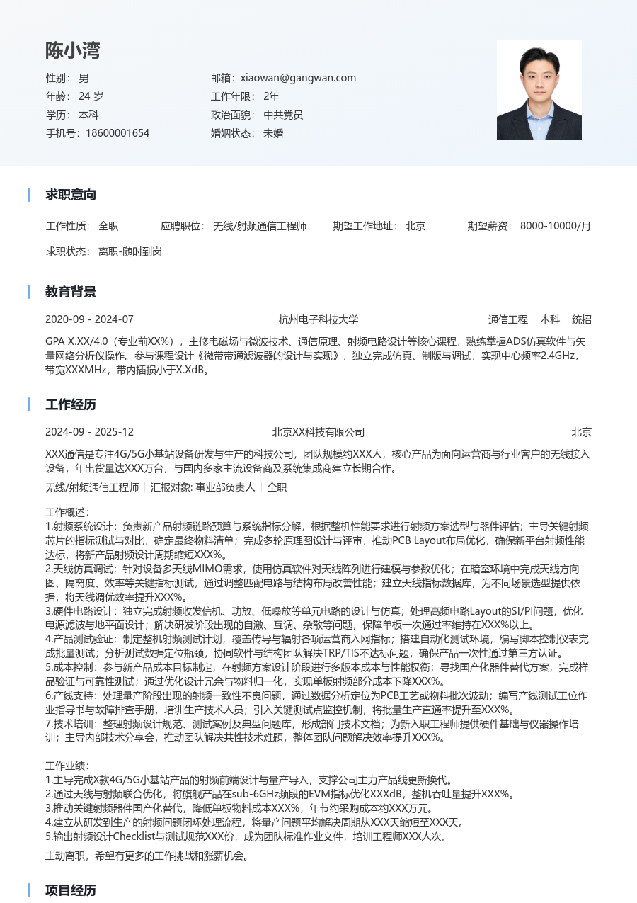 高级无线/射频通信工程师现代简历模板