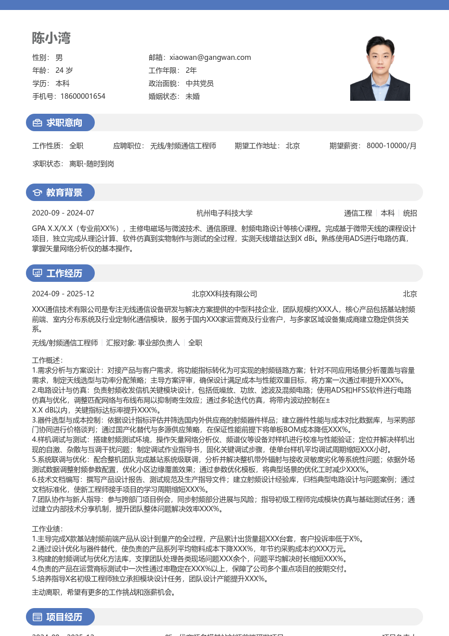 资深无线/射频通信工程师正式简历模板