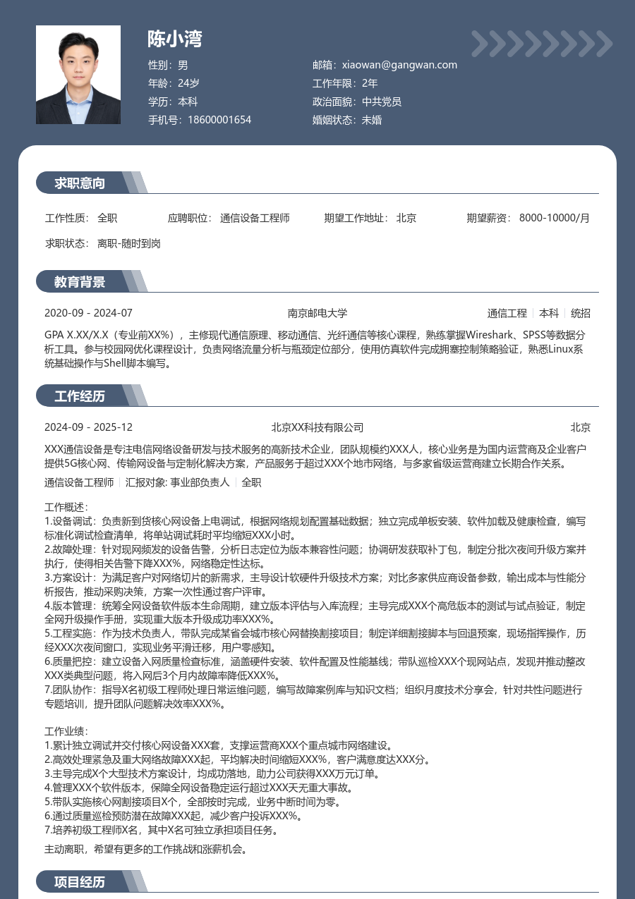 高级通信设备工程师简约简历模板