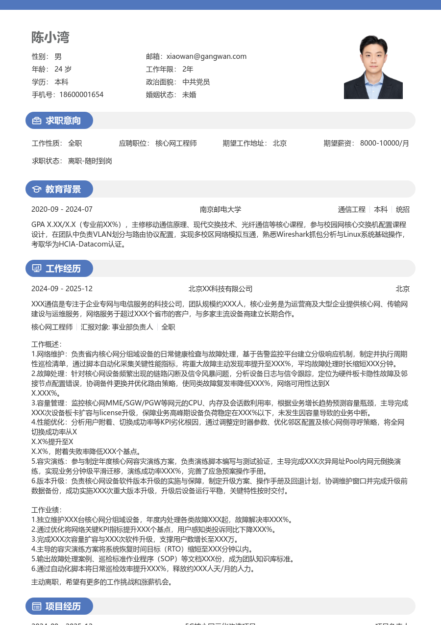 中级核心网工程师正式简历模板