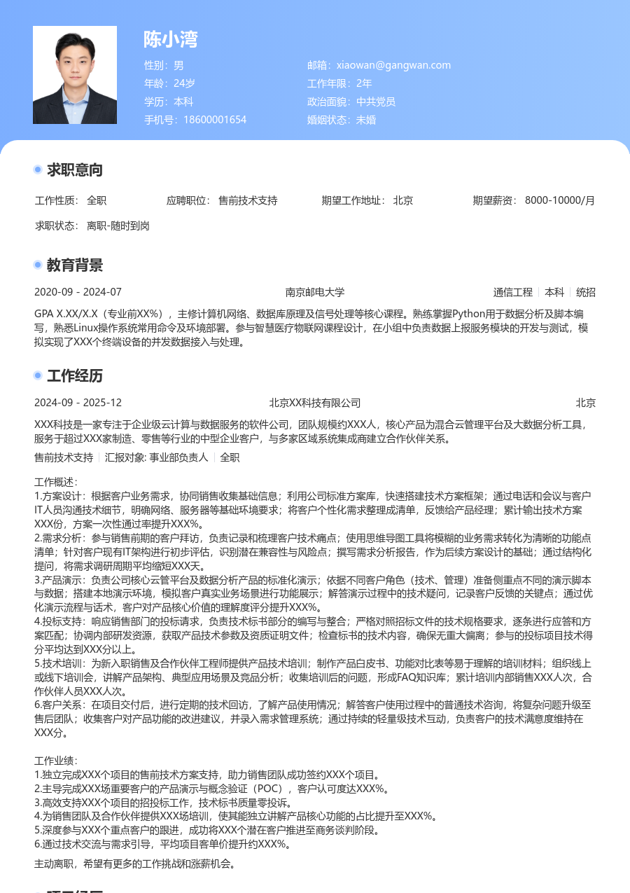 初级售前技术支持规范简历模板